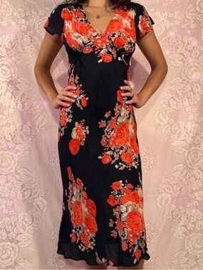 Vintage Black & red/orange floral midi dress with tie back